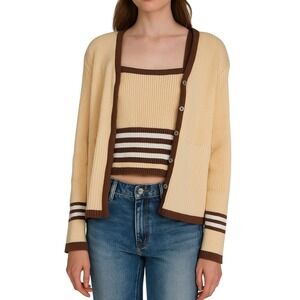 Monterey Bay Cream and Brown Women's Cardigan and Tank Top Cotton Sweater Set